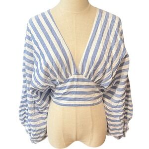 Dolan Left Coast Collection Blue White Striped Tie‎ Back Crop Top Large NWT
